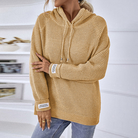 Damen bequemer Kapuzenpullover mit strukturiertem Strickmuster und seitlichen Schlitzen R&B