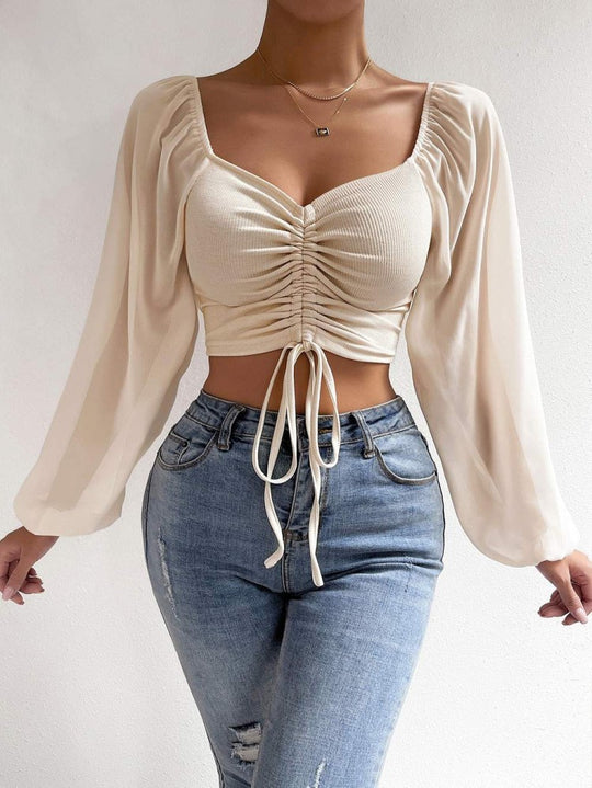 Damen Crop-Top mit strukturiertem Körper und eleganten Puffärmeln R&B