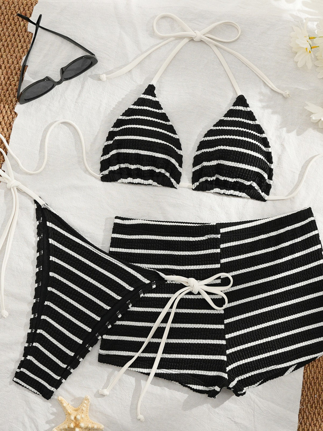 Damen Bikini-Set mit gestreiftem Oberteil und bequemen High-Waist-Hosen R&B