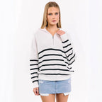 Damen sportlicher Strickpullover mit halbem Reißverschluss und Streifenmuster R&B