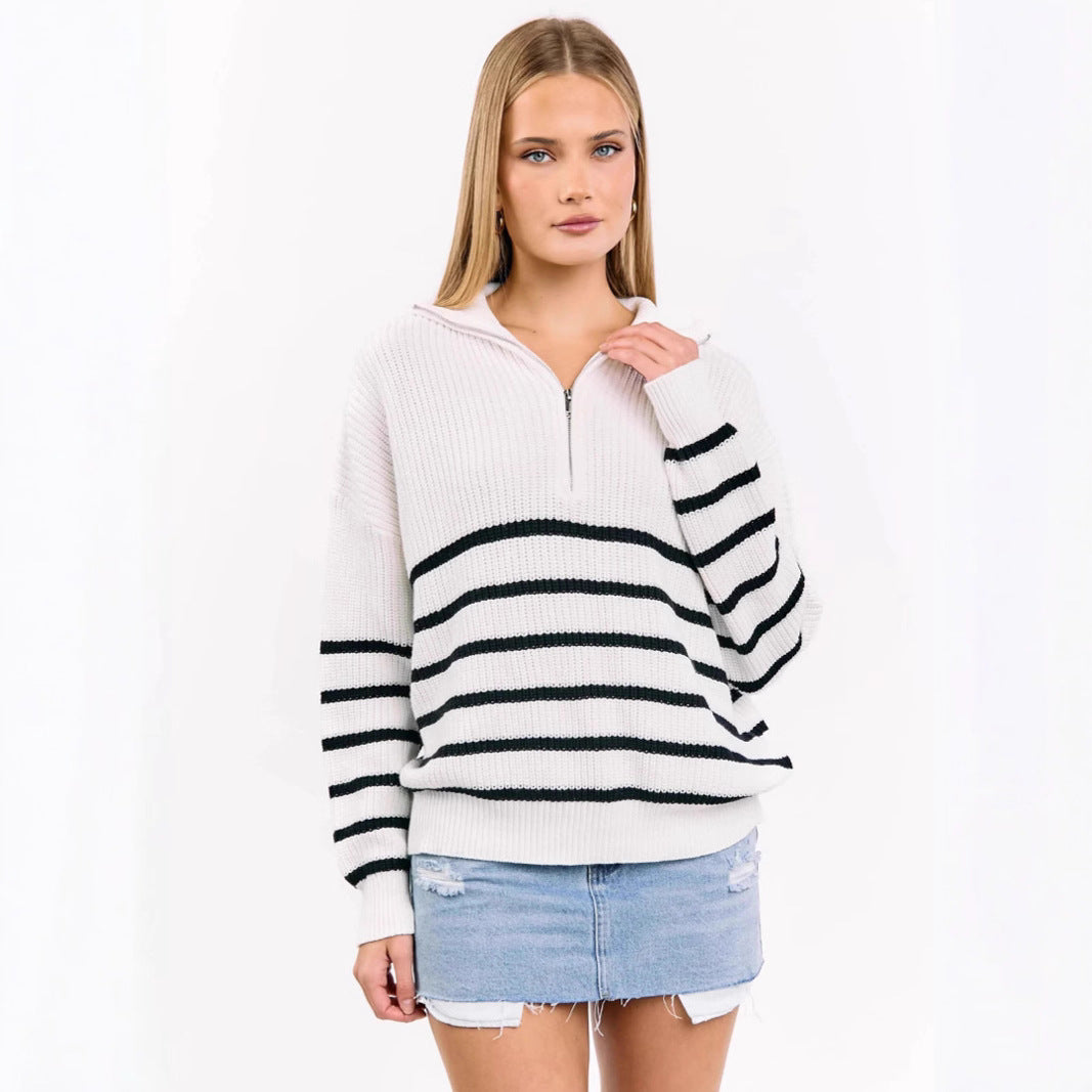 Damen sportlicher Strickpullover mit halbem Reißverschluss und Streifenmuster R&B