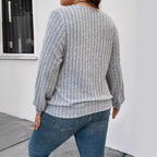 Damen lässiger Strickpullover mit tiefem V-Ausschnitt und Rippstruktur R&B
