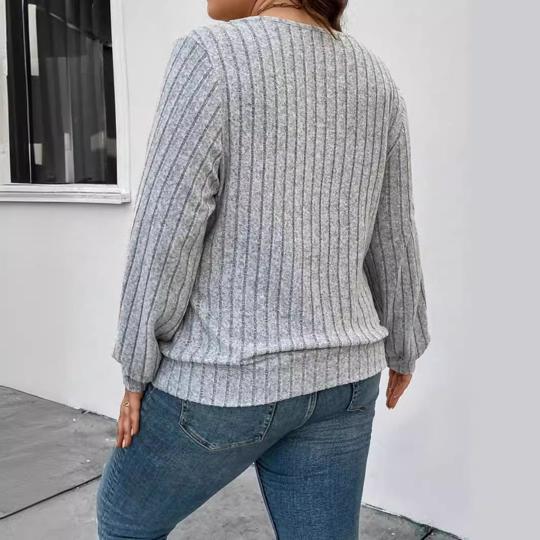Damen lässiger Strickpullover mit tiefem V-Ausschnitt und Rippstruktur R&B
