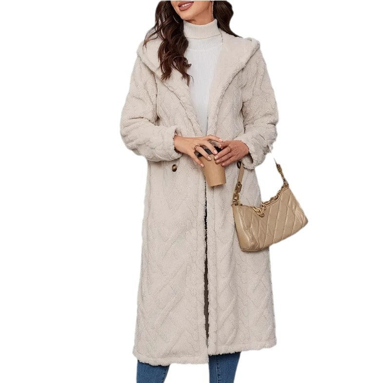 Damen Fluffy Mantel mit Kapuze und Knopfverschluss R&B