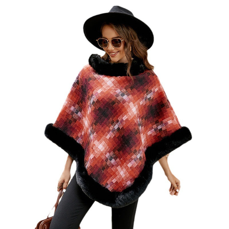 Damen modischer Poncho mit luxuriösem Kunstpelzkragen