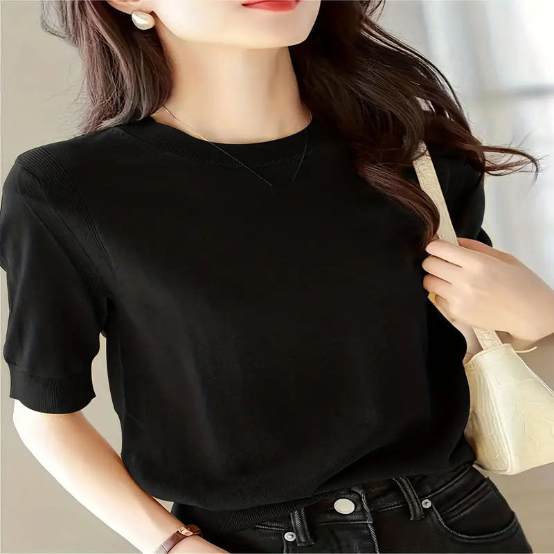 Damen eleganter Kurzarmpullover mit feiner Maschenstruktur und lässigem Schnitt R&B