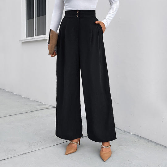 Damen elegante Hochtaillen-Breite Hose mit strukturiertem Stoff und dekorativen Knopfdetails R&B