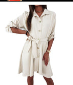 Damen Elegantes Hemdblusenkleid mit Taillengürtel und Knopfdetails R&B