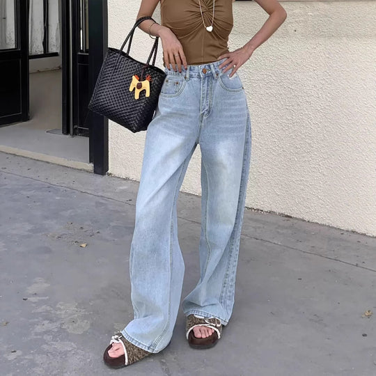 Damen Weite High-Waist Denim-Hose mit modischem Schnitt und lässigen Details R&B