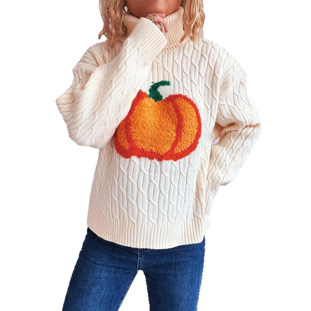 Damen Strickpullover mit Rollkragen und fröhlichem Kürbisdesign R&B