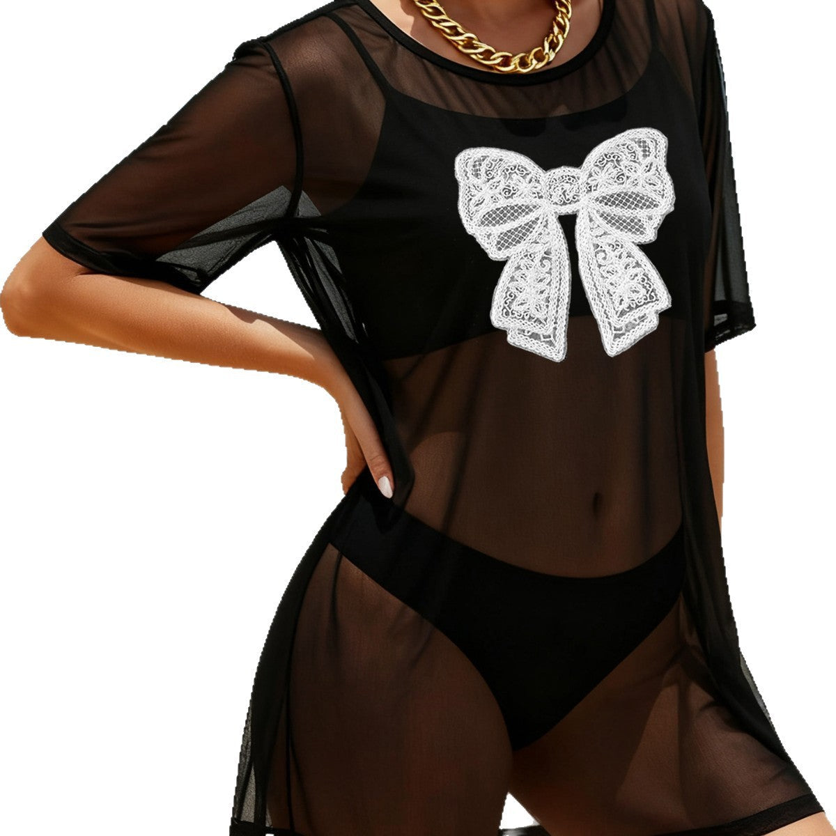 Damen transparenter Strandüberwurf mit filigranem Spitzenmuster R&B