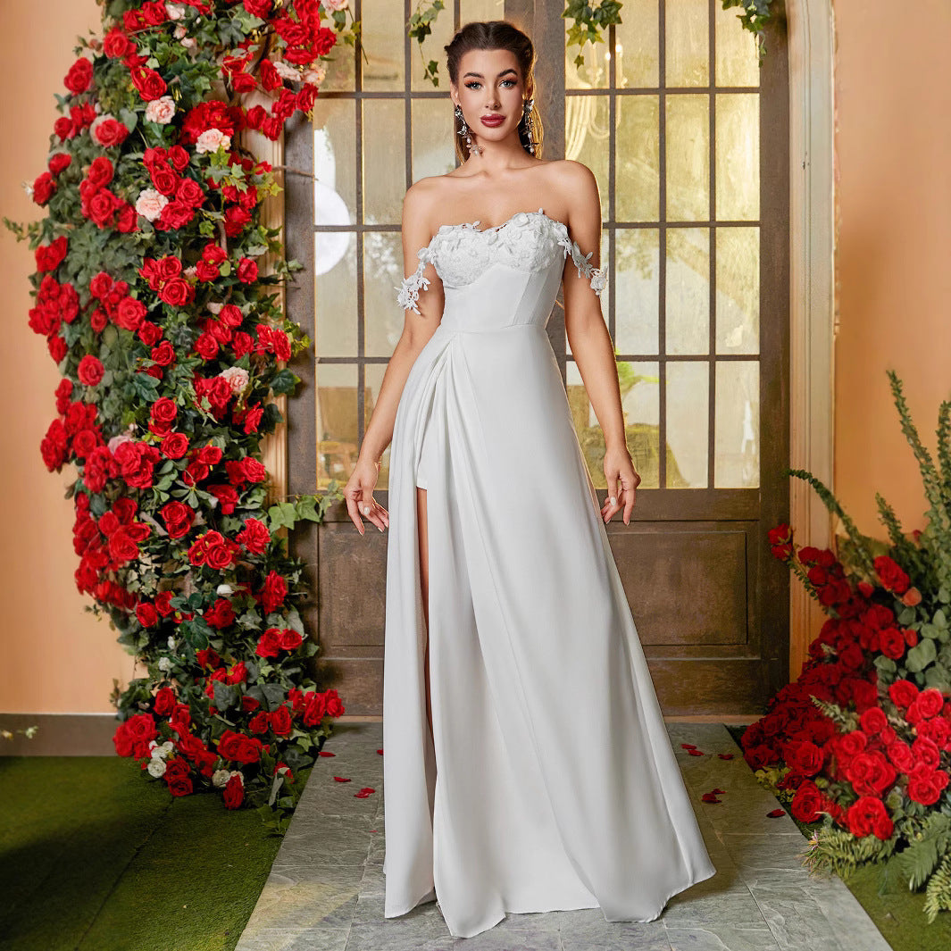 Damen Elegantes Abendkleid mit schulterfreien Ärmeln und hohem Beinschlitz R&B