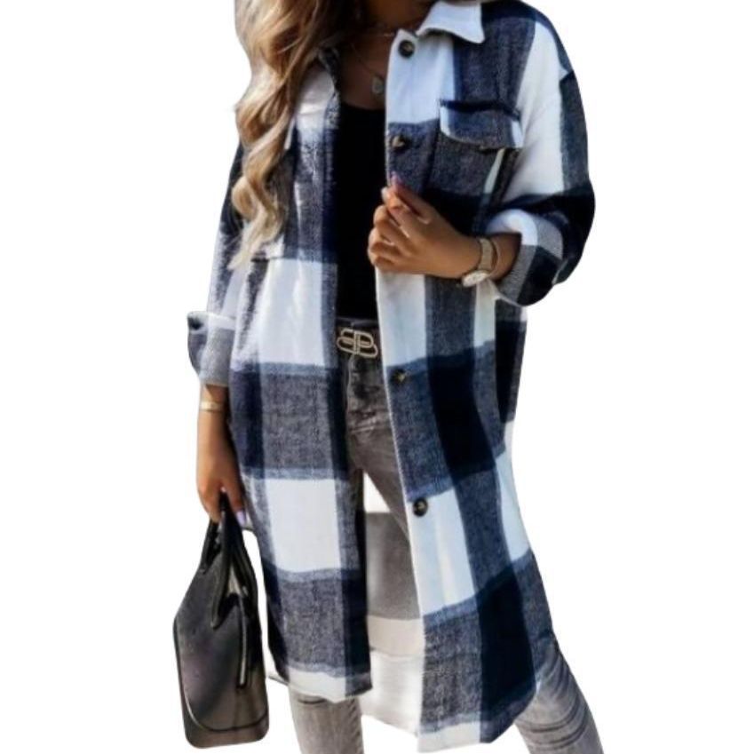 Damen Kariertes Overshirt mit knöpfbarem Design und aufgesetzten Taschen R&B