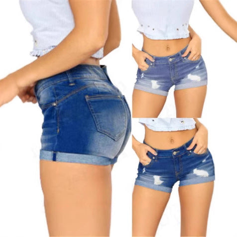 Damen lässige Destroyed Jeans-Shorts mit umgeschlagenem Saum R&B