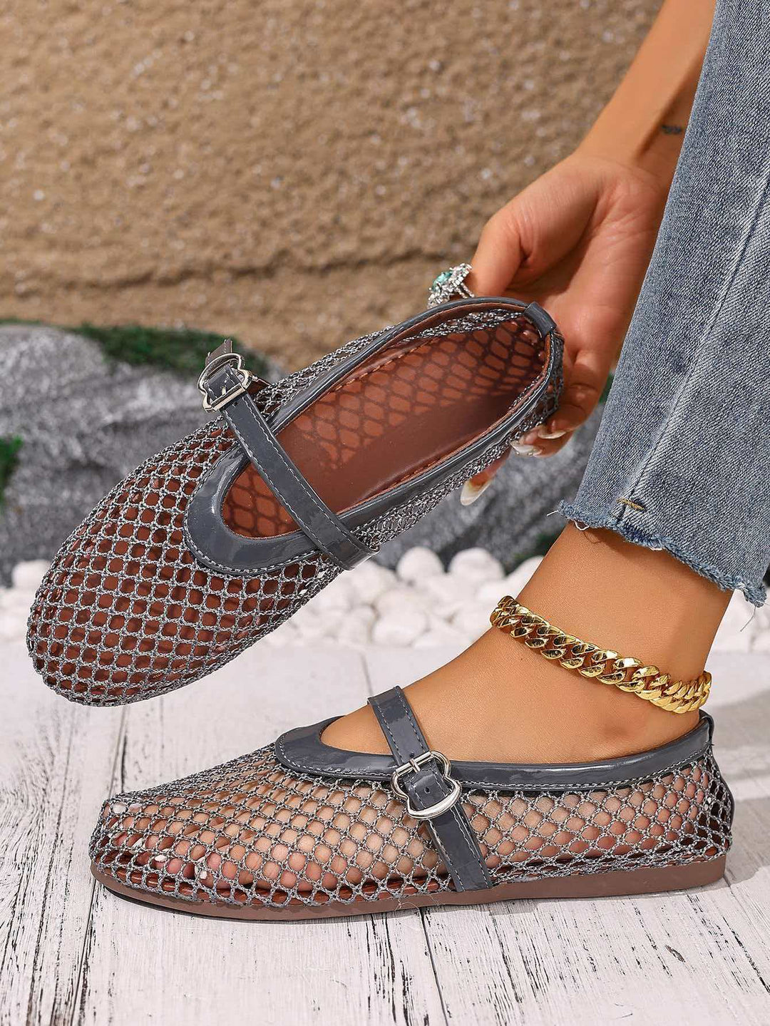 Damen elegante Freizeitschuhe mit Netzdesign und verstellbarem Riemen R&B