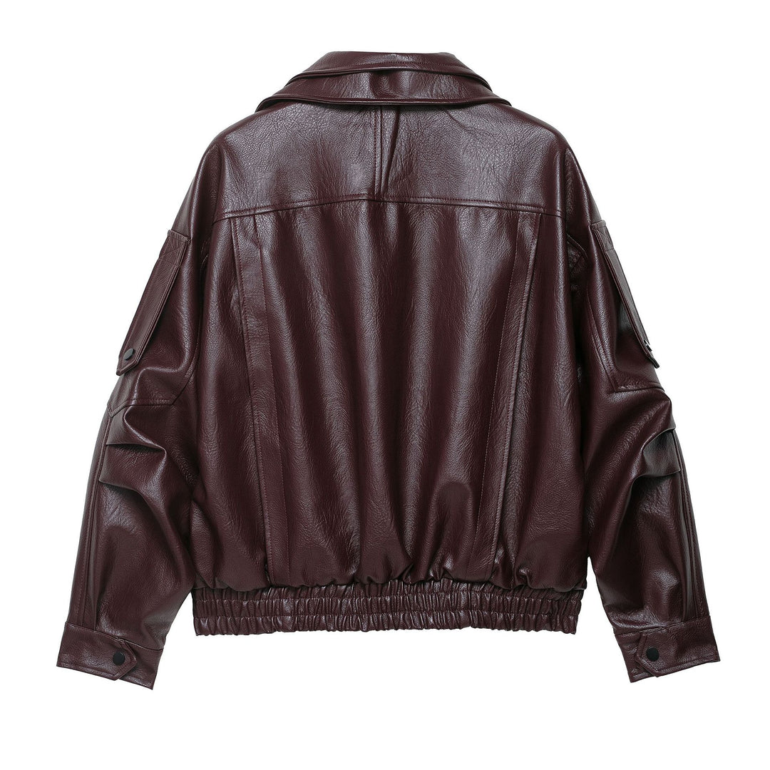 Damen modische Kunstlederjacke mit elegantem Schnitt und verstellbarem Taillengürtel R&B