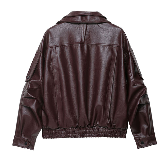 Damen modische Kunstlederjacke mit elegantem Schnitt und verstellbarem Taillengürtel R&B