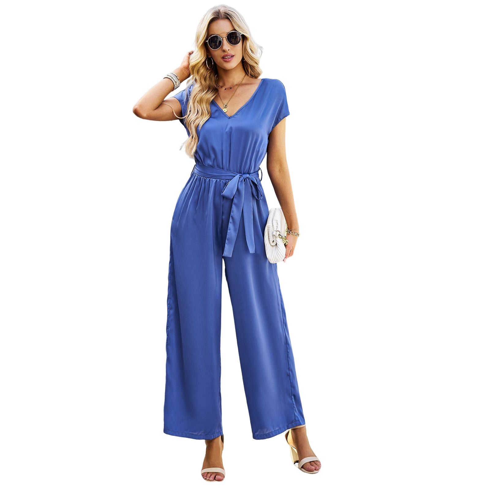 Damen Elegant geschnittener Jumpsuit mit weitem Bein und Taillengürtel R&B