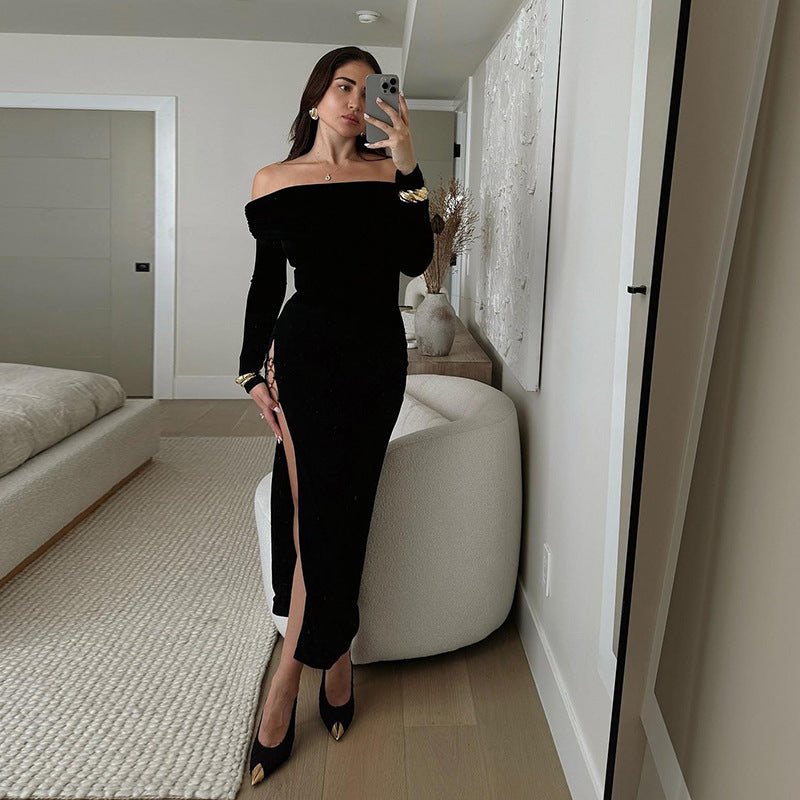 Damen schulterfreies Maxikleid mit eleganter Drapierung und transparentem Oberteil R&B