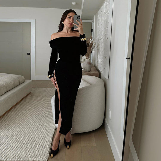 Damen schulterfreies Maxikleid mit eleganter Drapierung und transparentem Oberteil R&B