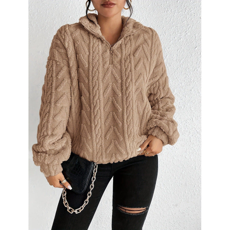 Damen kuscheliger Fleece-Pullover mit hochgeschlossenem Kragen und Reißverschluss R&B