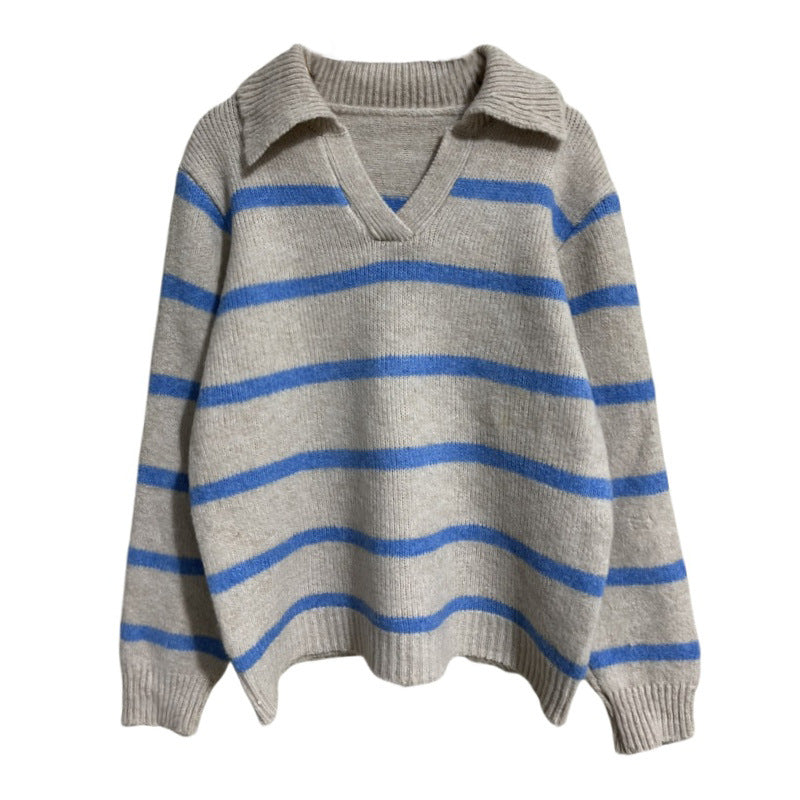 Damen Strickpullover mit V-Ausschnitt und strukturiertem Streifenmuster R&B