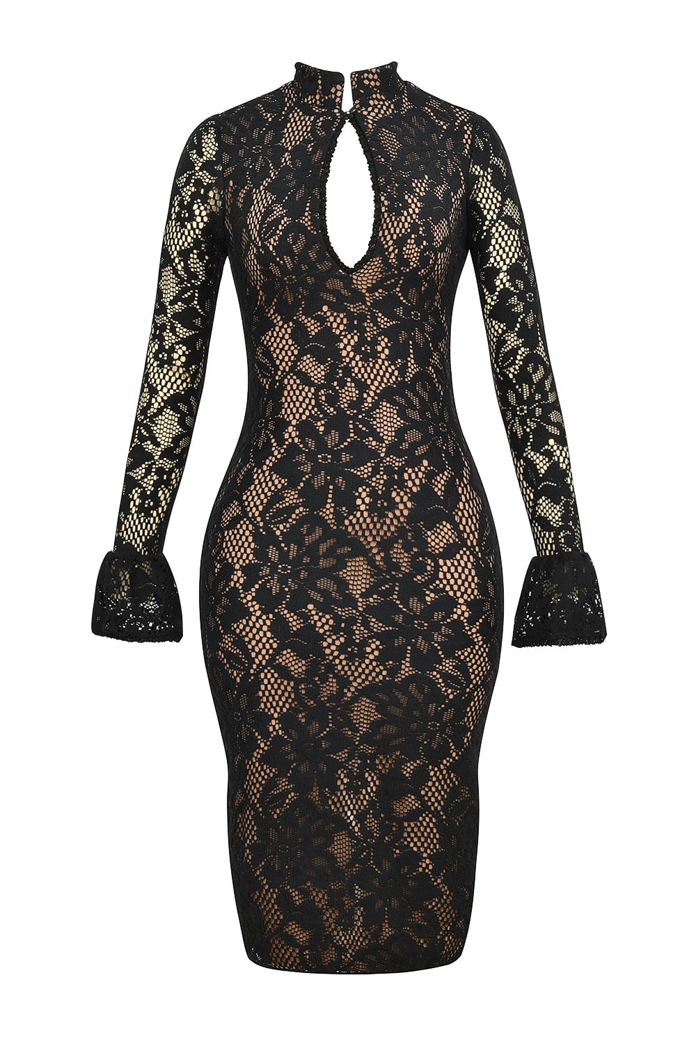 Damen Elegantes Spitzenkleid mit hochgeschlossenem Kragen und voluminösen Ärmel R&B