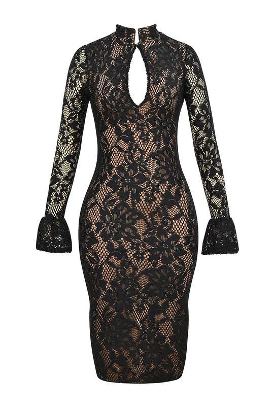 Damen Elegantes Spitzenkleid mit hochgeschlossenem Kragen und voluminösen Ärmel R&B