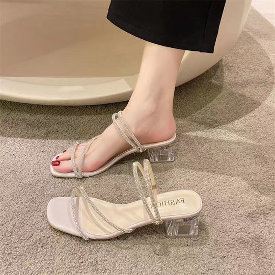 Damen elegante High-Heel Sandalen mit verziertem Riemendesign und transparentem Blockabsatz R&B