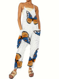 Damen Jumpsuit mit buntem Schmetterlingsmuster und praktischen Taschen R&B