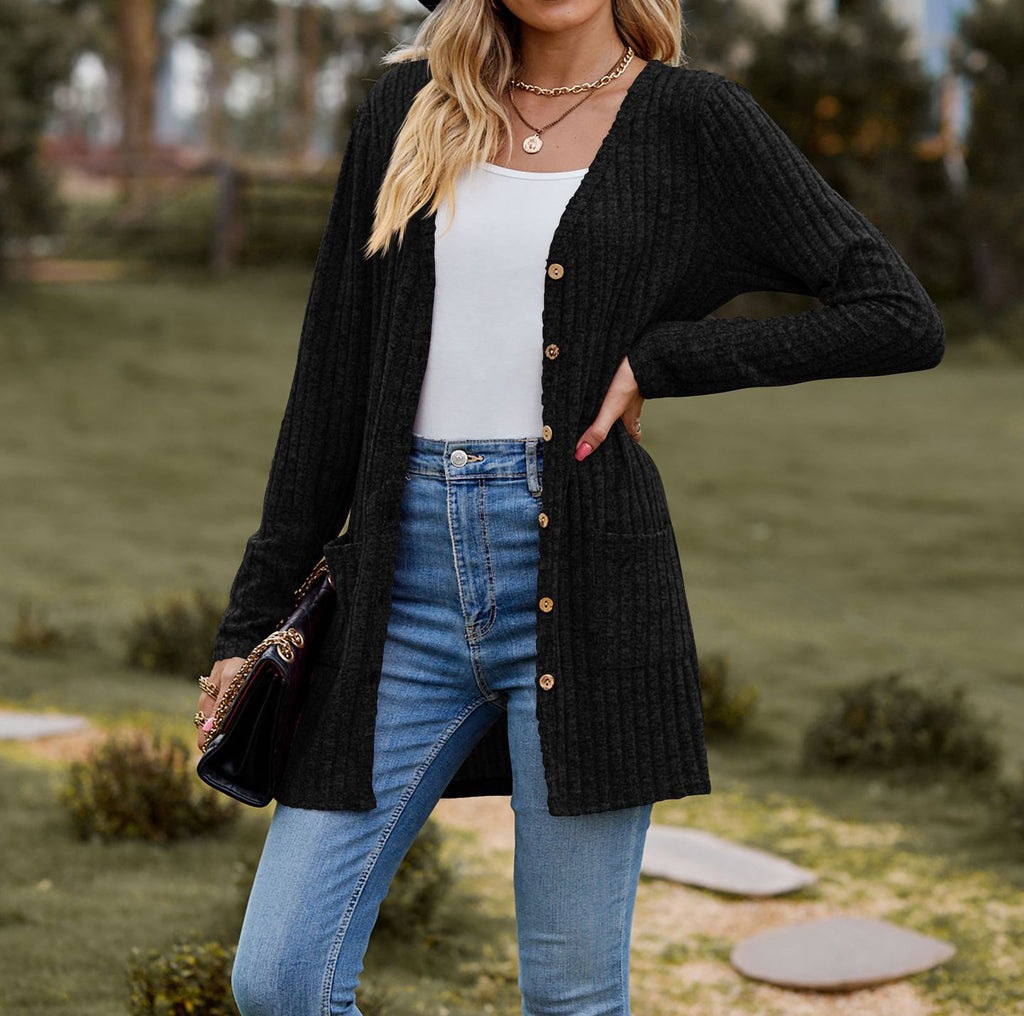 R&B | Strickjacke Wollstrick Lässige Passform Knöpfe Rippstrick mit Taschen