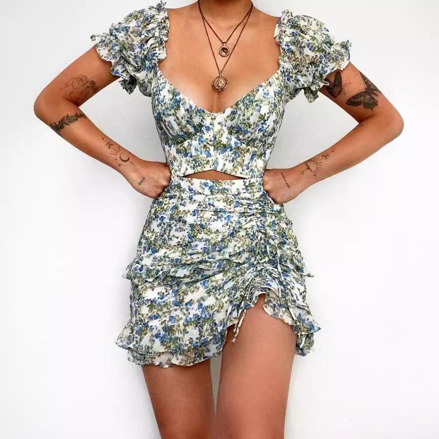 Damen Minikleid mit schulterfreiem Design und floralem Rüschensaum R&B