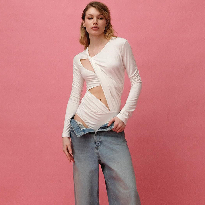 Damen Eleganter Longsleeve Bodysuit mit raffiniertem Drapierungsdesign R&B