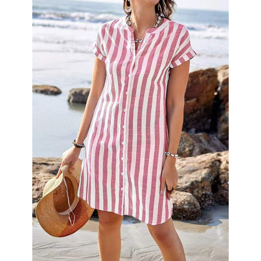 Damen Freizeitleinenhemdkleid mit gestreiftem Muster und schickem Kragen R&B