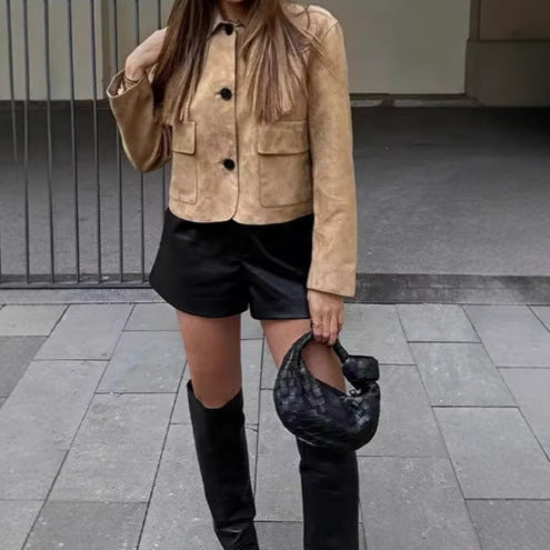 Damen Wildlederimitat Jacke mit Knopfleiste und Taschen R&B