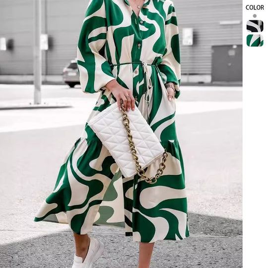 Damen Langarm Hemdblusenkleid mit modischem Muster und Taillengürtel R&B