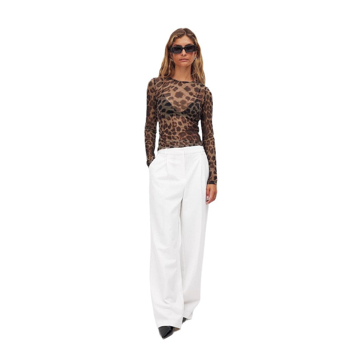 Damen langärmliges Shirt mit transparentem Leopardenmuster R&B