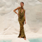 Damen Elegantes Maxikleid mit tiefer Halslinie und aufregendem Muster R&B