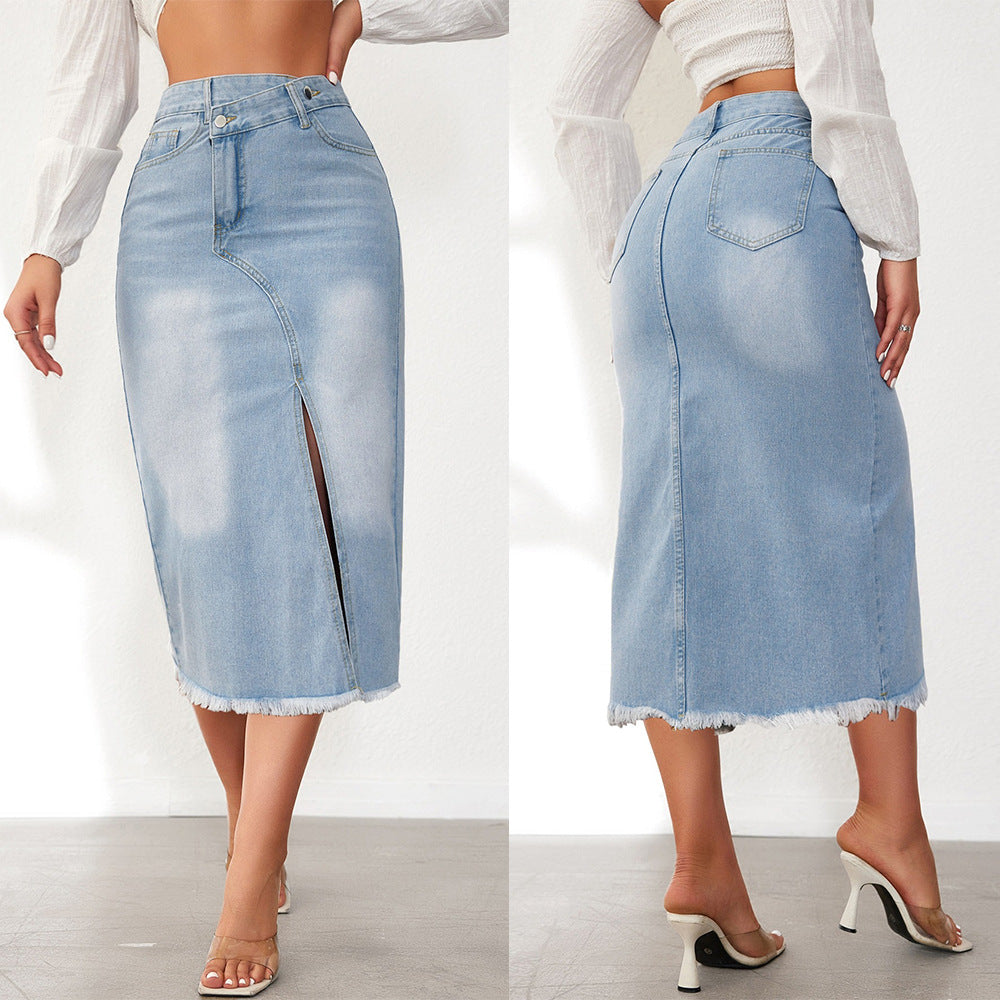 Damen Denim-Midi-Rock mit hohem Schlitz und ausgefranstem Saum R&B