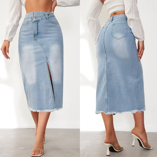 Damen Denim-Midi-Rock mit hohem Schlitz und ausgefranstem Saum R&B