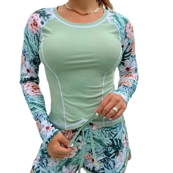 Damen Sportliches Langarm-Badeoberteil mit floralem Design und Shorts R&B
