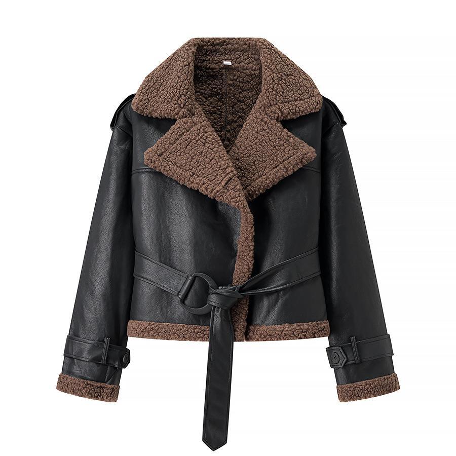 Damen Kunstlederjacke mit Teddy-Futter und taillierbarem Gürtel R&B