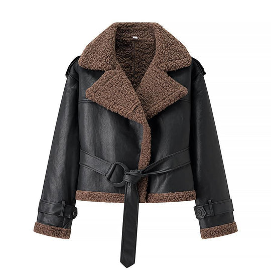 Damen Kunstlederjacke mit Teddy-Futter und taillierbarem Gürtel R&B