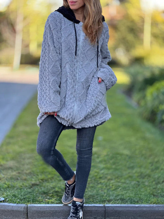 R&B | Lange Weinlese Kapuzen Fell Reißverschluss Gestrickte Jacke