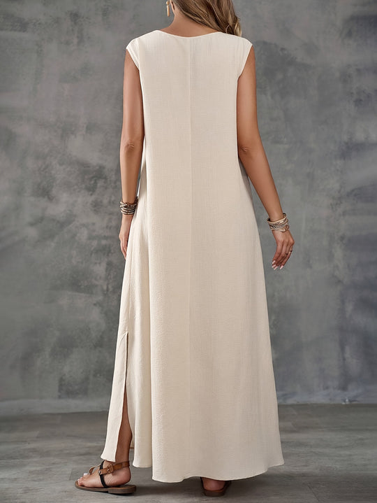 Damen Maxi-Strandkleid mit elegantem V-Ausschnitt und seitlichem Schlitz R&B