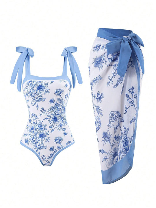 Damen Eleganter Badesuit mit floralen Akzenten und modischem Wickelrock R&B