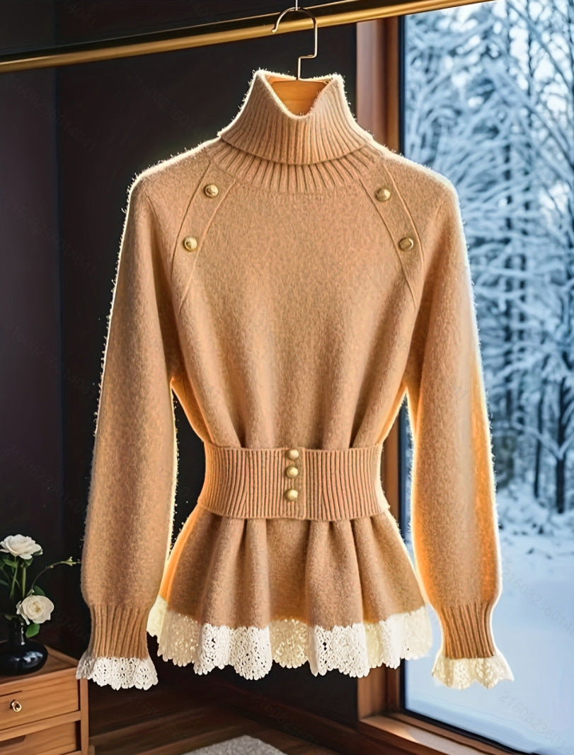 Damen eleganter Strickpullover mit hochgeschlossenem Kragen und dekorativen Knopfdetails R&B