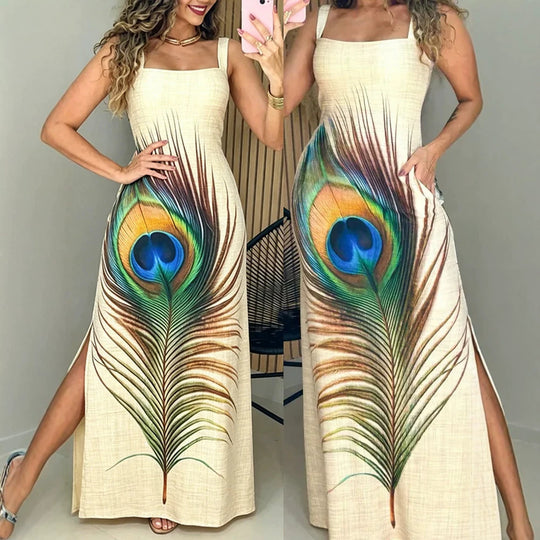 Damen Maxikleid mit grafischem Pfauenfeder-Druck und praktischen Seitentaschen R&B