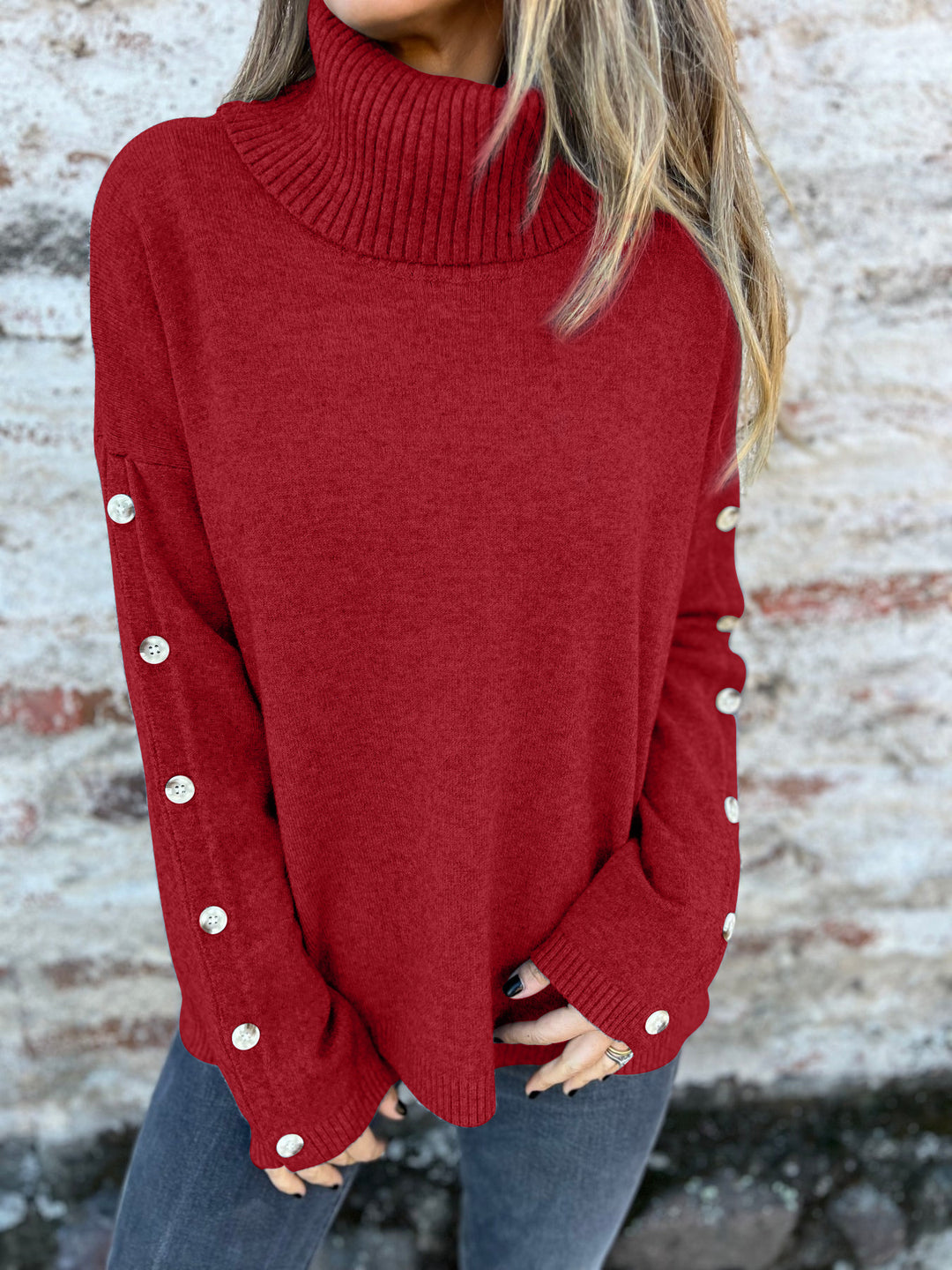 Damen Modischer Rollkragenpullover mit Knopfdetails R&B
