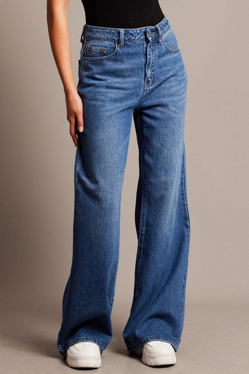 Damen Weit geschnittene High-Waist Jeans mit eleganten Falten R&B